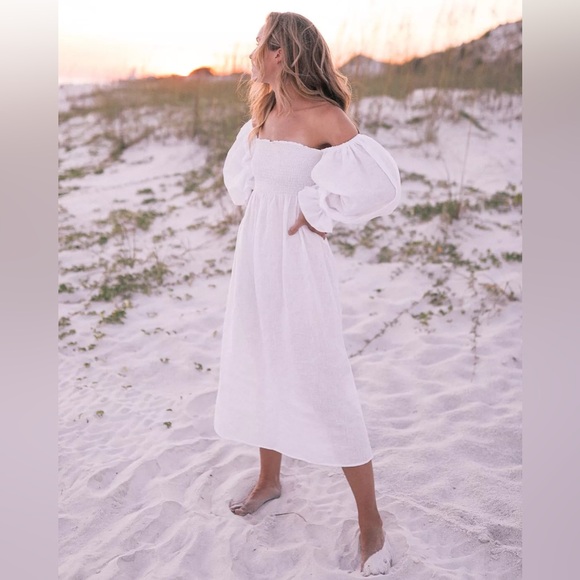 Sleeper Dresses & Skirts - NEW Sleeper Atlanta Linen Dress Off-Shoulder White Puff Sleeve w/ Bow size L